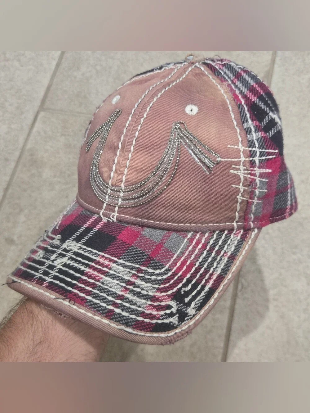 True Religion Rare Distressed Hat Pink Plaid Unisex Snapback